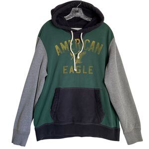 Vintage American Eagle Men’s Hoodie L Logo Green Gray Y2K Pullover Outdoor